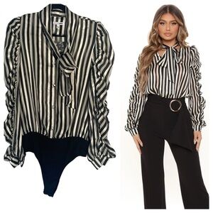 NWT Fashion Nova Off Early Body Suit Ivory/Black Rushed Sleeveless bodysuit